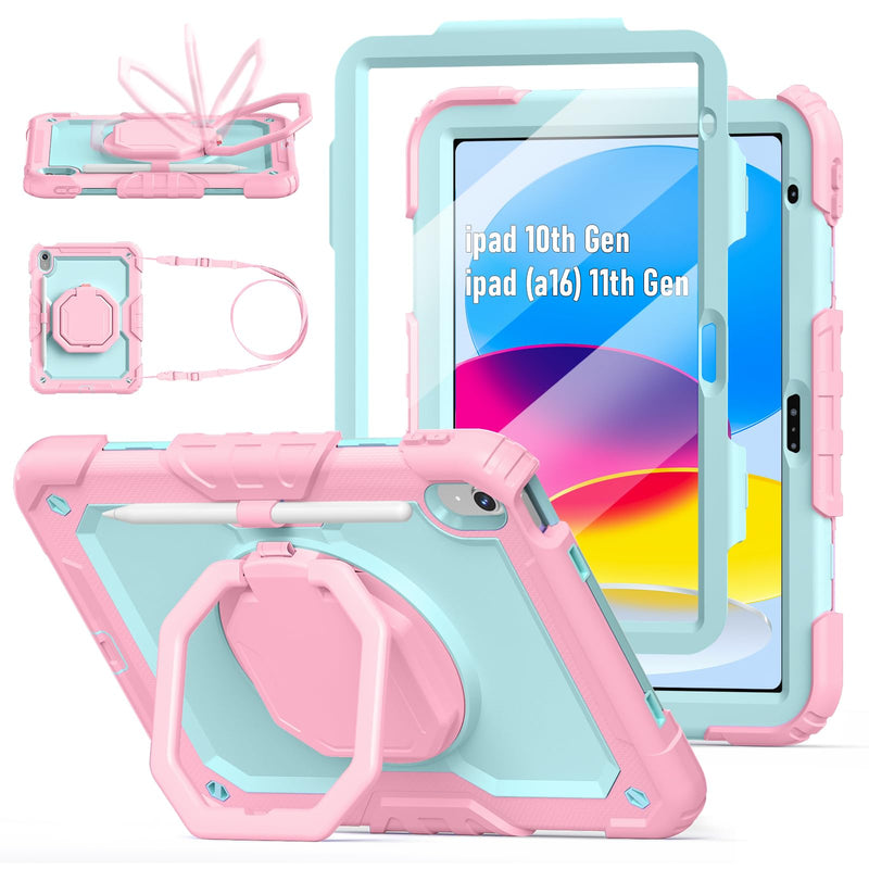 Case for iPad (A16) 11th/10th Generation 11"/10.9" 2025/2022, Pink Mint | Full-body Heavy Duty iPad A16 Case for Adults Kids with Screen Protector, 360° Rotating Stand, Shoulder Strap, Pencil Holder Pink+Mint