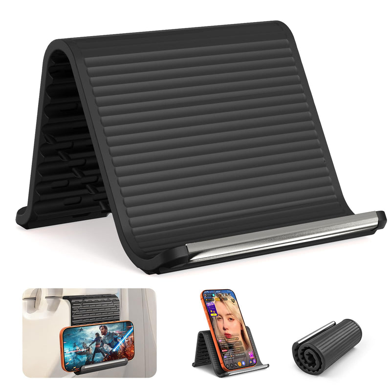 2026 Airplane Phone Holder, Flexible Silicone Portable Phone Stand | Foldable for Desk Bed Office, Travel Essentials Hands Free Mount for iPhone Tablet Laptop,Anti-Slip & Scratch-Resistant Black
