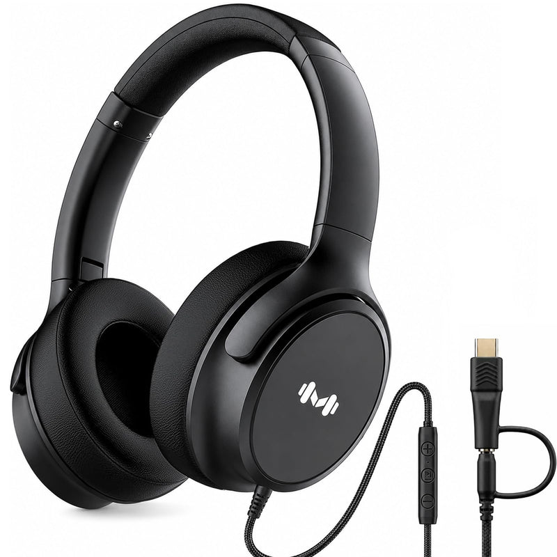 Wired Over-Ear Headphones, Mic, 3.5mm Plug, USB-C Adapter, Black | Foldable, adjustable headphones with soft cushions, inline mic, 3.5mm plug, and USB-C adapter for laptop, phone, and travel.