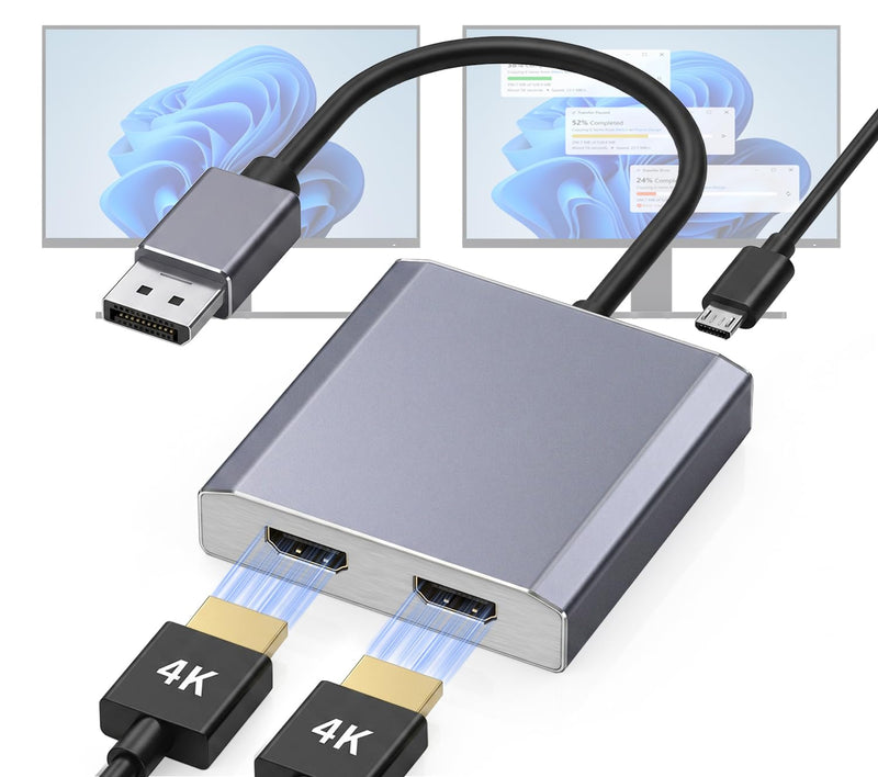 DisplayPort to Dual HDMI Adapter 1 in 2 Out, 4K@60Hz DP to HDMI Splitter for Dual Monitors, Extended Display MST Hub for Windows PC, NVIDIA/AMD Graphics Card [Mac OS Mirror Only]
