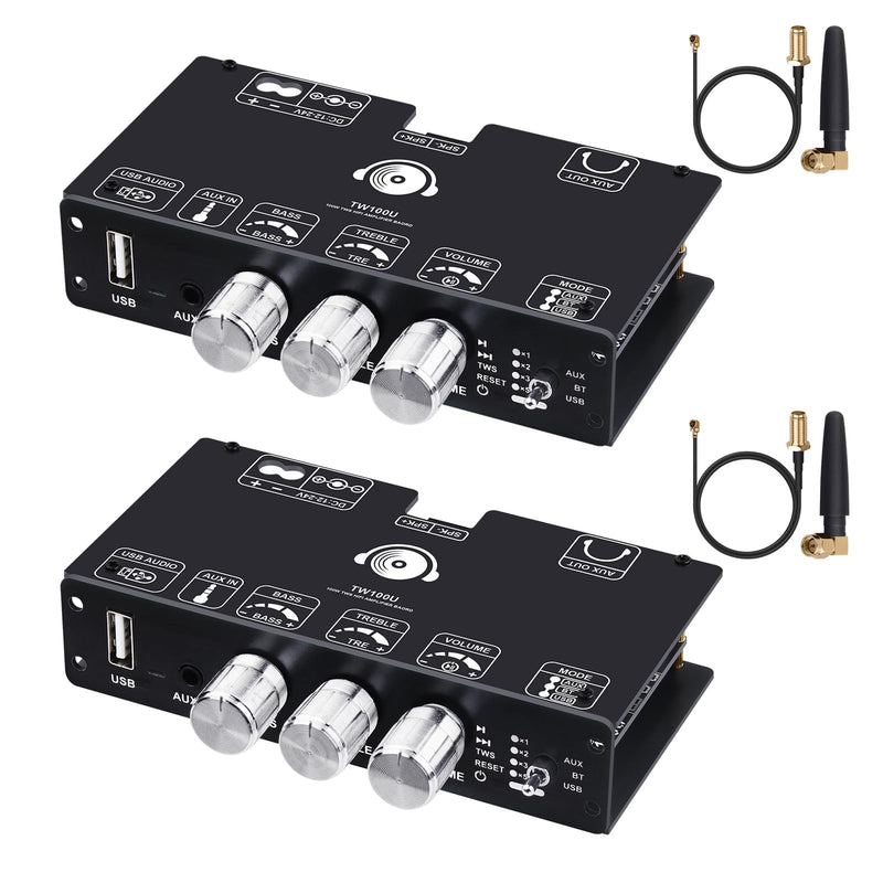 TW100U Mono Bluetooth Amplifier Boards, 2-PCS | 2 TPA3116D2 mono boards with TWS pairing, Bluetooth, AUX and USB inputs plus bass-treble controls, DC 12-24V.