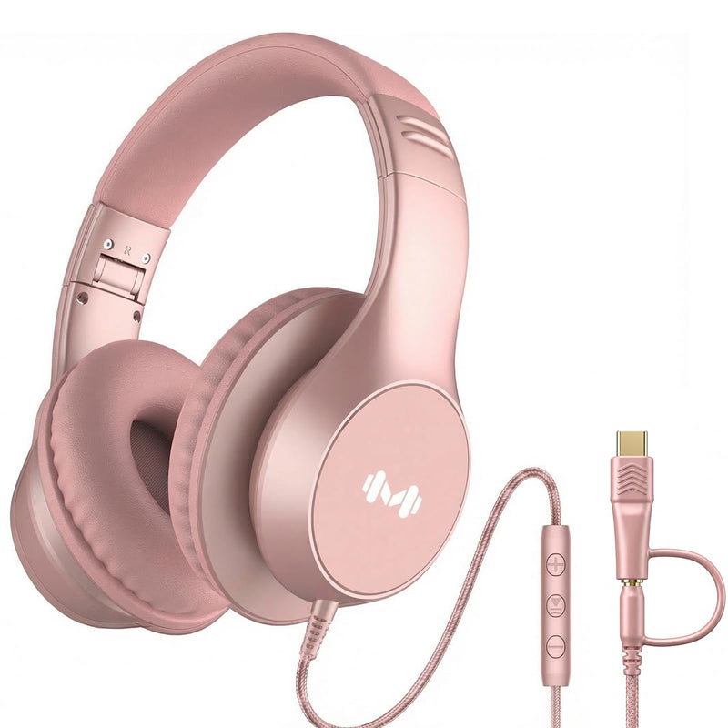 Wired Over-Ear Headphones, Mic, 3.5mm Jack, USB-C Adapter, Gold | Foldable over-ear headphones with soft cushions, inline mic, 3.5mm jack, and USB-C adapter for school, office, and travel.