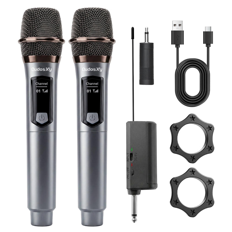 Wireless Microphone, Dual Handheld Dynamic Mics with Rechargeable Receiver, 200ft Range, 12H Duration, Portable Karaokee Microphone for Singing, Speaking & Wedding