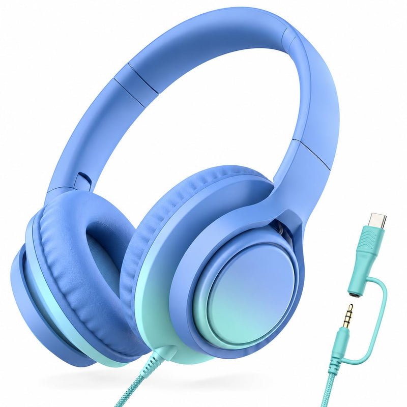 Kids Wired Headphones, 85/94dB, Mic, USB-C Adapter, Sky Blue | 85/94dB volume control, foldable over-ear design, built-in mic, 3.5mm jack, and USB-C adapter for school and travel. Gradient Sky Blue & Teal