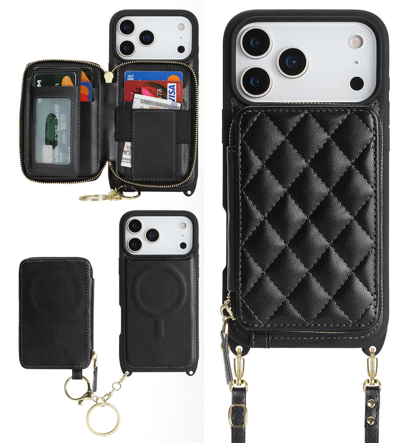 for MagSafe Crossbody Wallet Case for iPhone 17 Pro Max-Black | Protective Purse Case with Card Slots Holder Kickstand Wrist Strap Lanyard Zipper 6.9 Inch 5G black for iPhone 17 Pro Max - 6.9"
