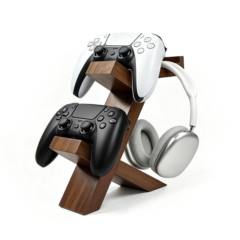ASFSKY Wood Controller Holder and Headphone Stand, 3-in-1 Gaming Equipment | Dual Controller Stand with Non-Slip Base; Universal Headset Stand for PS5, Xbox Series X|S, Switch and Gaming Accessories
