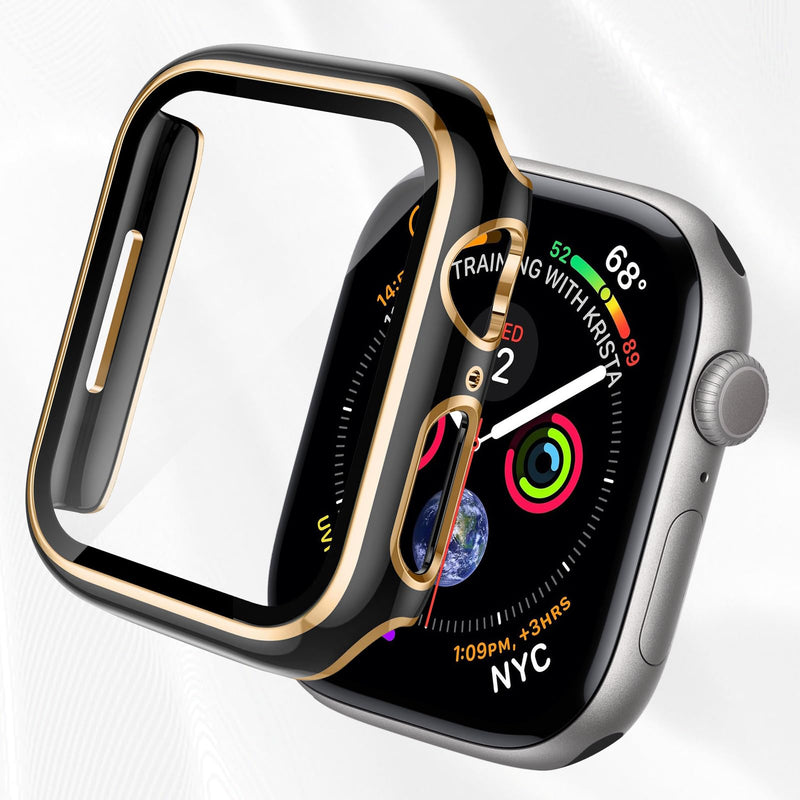 Tempered Glass Screen Protector for Apple Watch case Series SE 11 10 9 8 7 6 5 4 40mm 44mm 41mm 45mm 49mm 42mm 46mm Waterproof Cover PC Protective Bumper for iwatch. (41mm,Black/Gold) Black/Gold