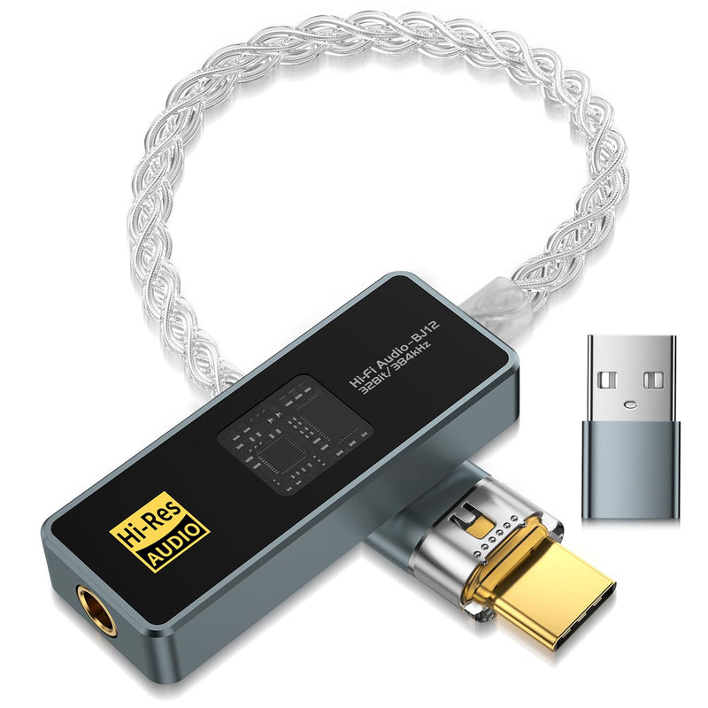 USB C to 3.5mm Audio Adapter Equipped with Dual DAC Chip CX31993&SGM8262, Audio Dongle with HiFi Amplifier, USB C to 3.5mm Headphone Aux Converter & USB A Adapter for Android iPhone iPad PC Mac Grey