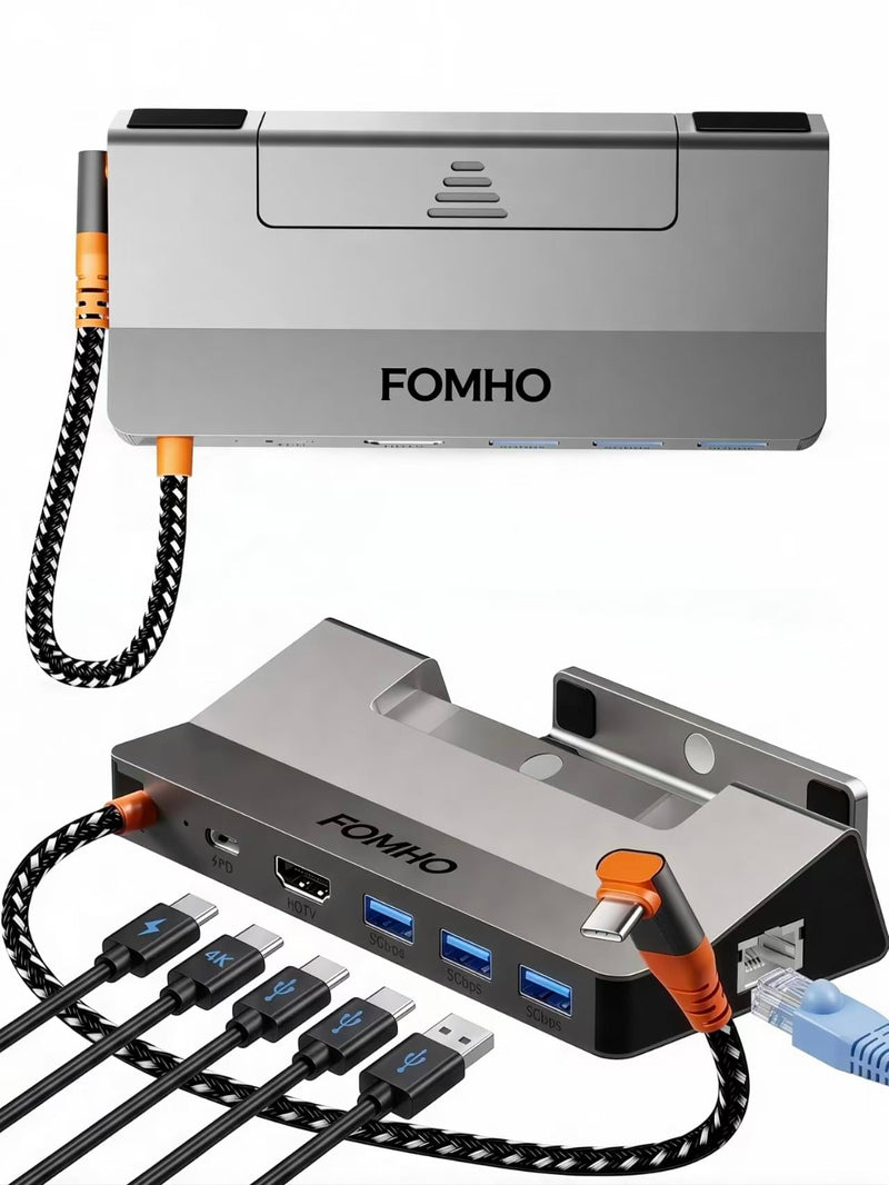 Aluminum Alloy Steam Deck Dock Station for Steam Deck (OLED)/ROG Ally/Legion Go/Switch 2/1 – Magnetic Foldable Base, 4K@60Hz HDMI 2.0, 100W PD, USB 3.0, (Attached USB4 Extension Cable)