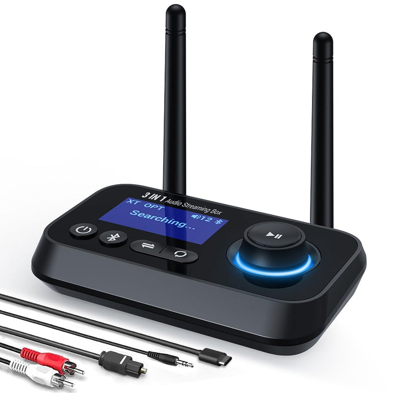 3-in-1 Low Latency Bluetooth 5.3 Transmitter for TV Audio Receiver Adapter for Stereo Long Range W.Screen Volume Control Aux/RCA/Optical Input/Output Surpport Up to 2 BT Headphones BLACK