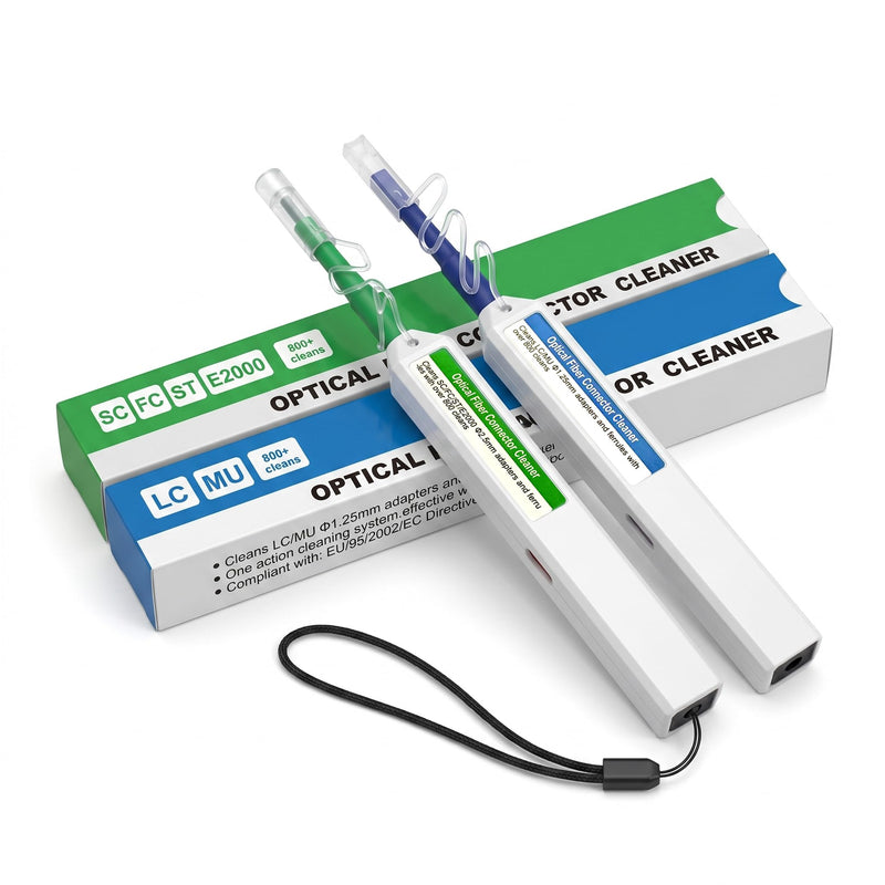 2-Pack Fiber Optic One-Click Cleaner Set 1.25mm LC/MU & 2.5mm SC/FC/ST for Data Center & FTTH | 800+ Cleans per Pen, Audible Click & Visual Counter, PC/APC End-Face Cleaning Kit with Safety Lanyard