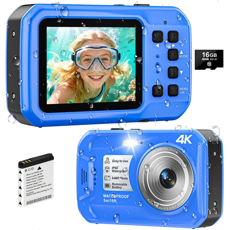 4K Underwater Camera, 64MP 16FT Waterproof Camera w/16GB Card | Floatable Digital Camera, 16X Digital Zoom, Auto Focus, Fill Light, 650mAh Battery