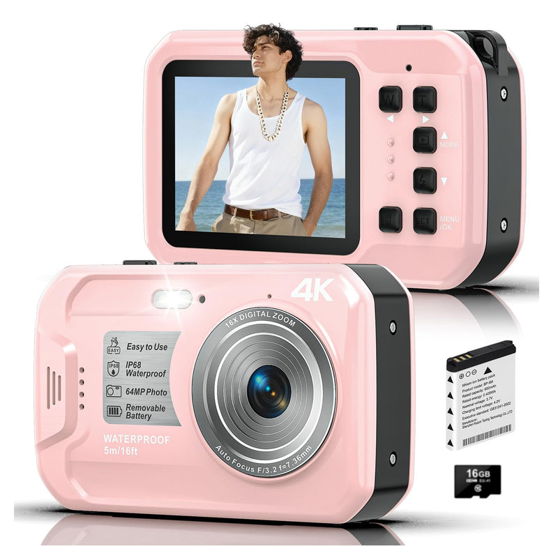 4K Underwater Camera, 64MP 16FT Waterproof Camera w/16GB Card, Light Pink | Floatable Digital Camera, 16X Digital Zoom, Auto Focus, Fill Light, 650mAh Battery, Ideal for Travel, Surfing, Swimming