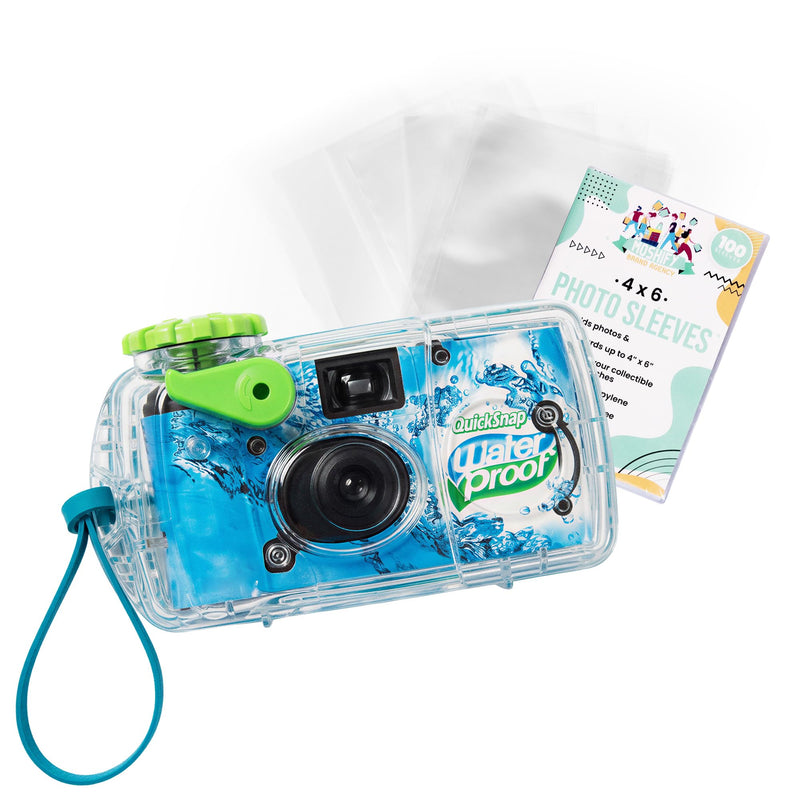 Fujifilm QuickSnap 800 Waterproof Camera Bundle with Archival Photo Sleeves | Single use 35 mm color film camera, 27 exposures, waterproof up to 35 feet, with 100 4x6 clear photo sleeves for prints