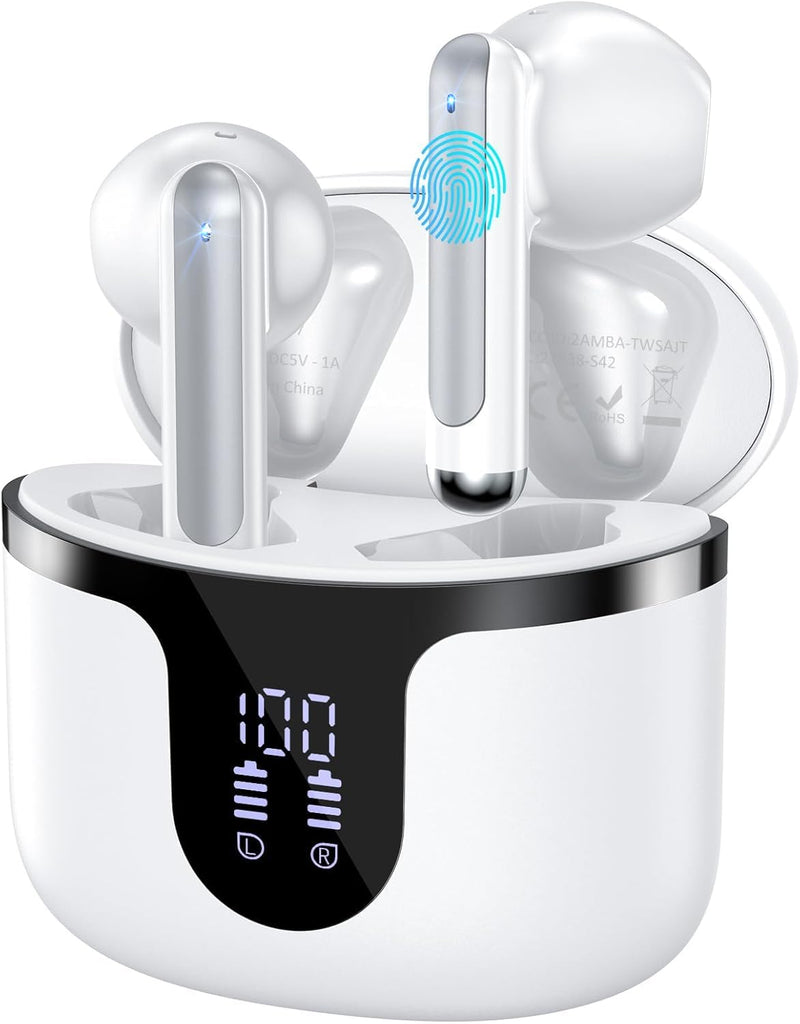 Wireless Earbuds, Bluetooth 5.4 Headphones HiFi Stereo with 4 HD Mic, 50H Playtime Bluetooth Earbuds with Dual LED Display, IPX7 Waterproof Wireless Earphones, Touch Control Ear Buds,USB-C,White White