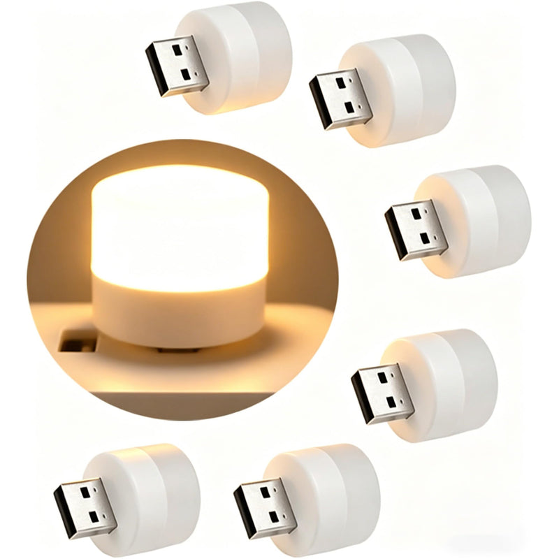 6-Pack USB Mini Night Lights, Warm White LED Plug-in Lamps, Portable 0.5W USB-A Nightlight Bulbs for Bedroom, Dorm, Hallway, Car, Camping, Power Bank