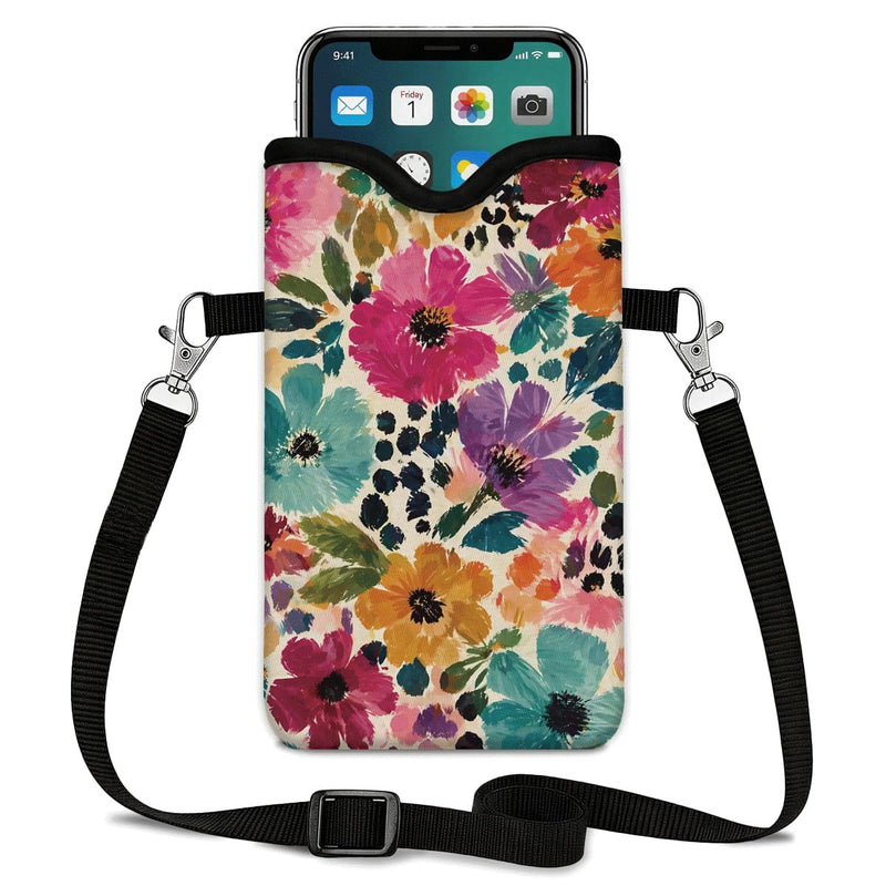Floral Neoprene Cell Phone Sleeve Pouch Case Bag for Women Men with Crossbody Strap, 7.1x3.9 in, Shockproof Mobile Protection Case Bag with Neck Lanyard, Colorful Floral