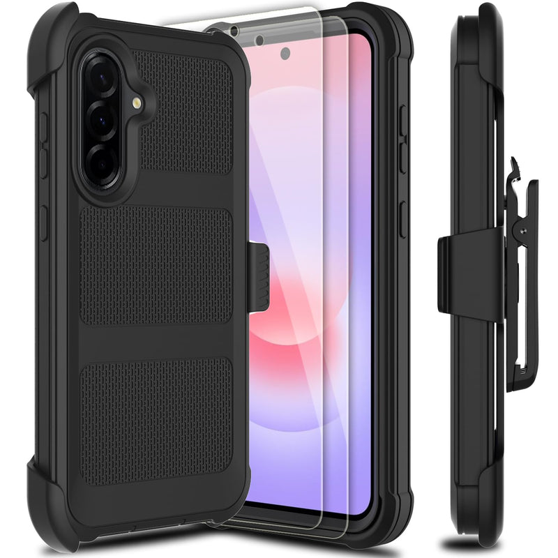 for Samsung Galaxy A37 5G Case with 2 Pack Tempered Glass Screen Protector, [Holster Series] Belt Clip Heavy Duty Shockproof Military Grade Drop Protective Cell Phone Case Cover (Black) Black for Galaxy A37 5G