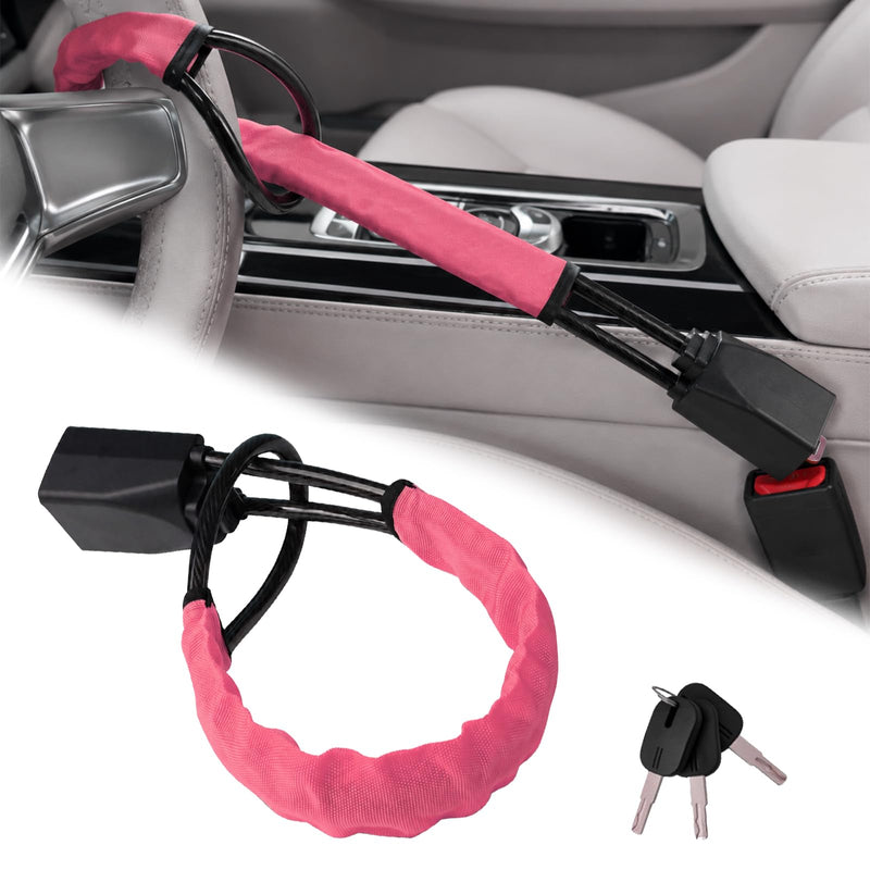 Car Steering Wheel Lock, High-Strength Steel Cable Car Seat Belt Lock, Theft Prevention with 2 Keys for Car Security Fit Most Vehicles Truck SUV Van (Pink) Pink