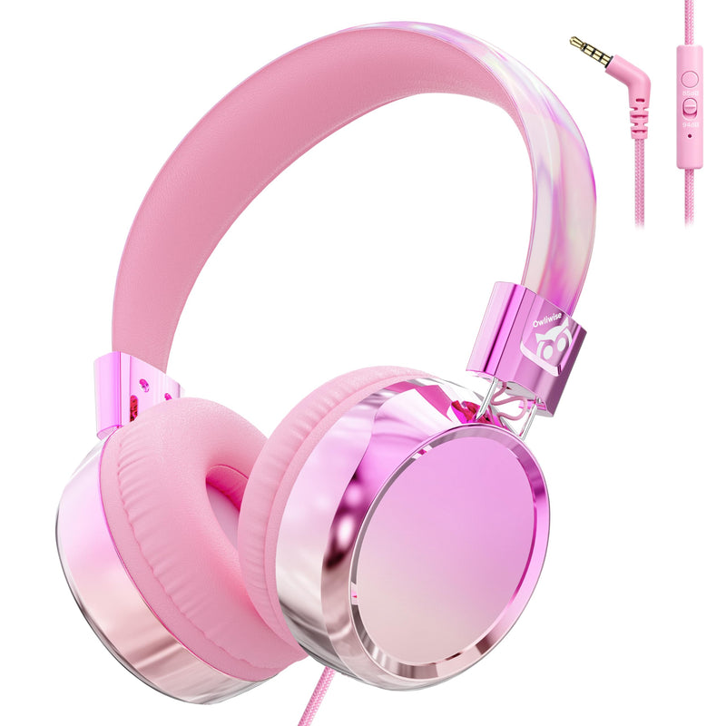 Owliwise Kids Headphones for School Travel, Safe 85/94dB Volume Limiter, HD Microphone, Over-Ear Foldable Headphones for Kids, Boys Girls, 3.5mm Wired for iPad Cord Tablet Computer, Aura Series Pink