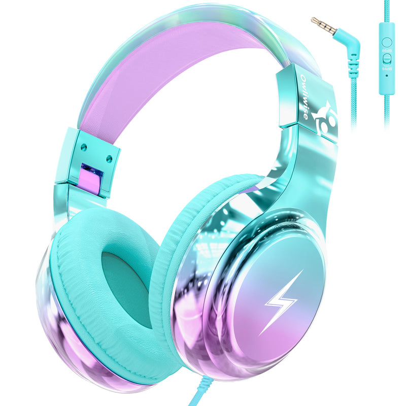 Owliwise Kids Headphones for School and Travel, Safe 85/94dB Volume Limiter, HD Microphone, Stereo Sound, Over-Ear Foldable Wired Headphones, 3.5mm Jack for iPad Cord Tablet Computer, Boys Girls Cyan
