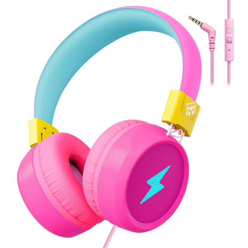 Owliwise Kids Headphones for School and Travel, Safe 85/94dB Volume Limiter, HD Microphone, Stereo Sound, Over-Ear Foldable Wired Headphones, 3.5mm Jack for iPad Cord, Chromebook, Boys Girls Pink