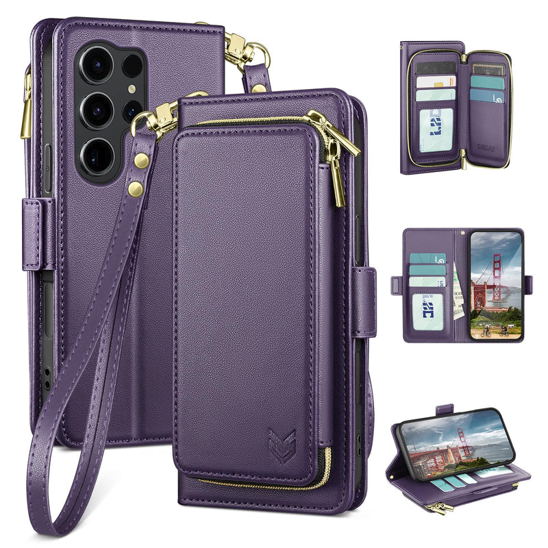 DJBEAR for Samsung Galaxy S24 Ultra Wallet Case for Men & Women, All-in-One Flip Folio Cover with 9 Card Slots, Zipper Pocket, Detachable Wrist Strap, Full Body Protection for S24 Ultra Dark Purple