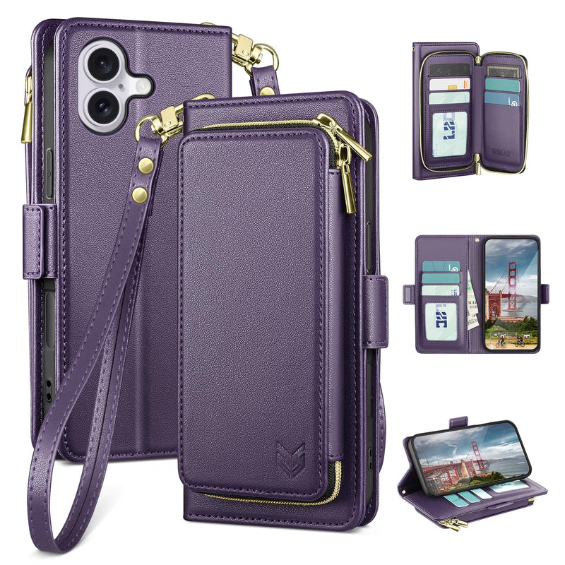 DJBEAR for iPhone 16 6.1" Wallet Case for Men & Women, All-in-One Flip Folio Cover with 9 Card Slots, Zipper Pocket, Detachable Wrist Strap, Full Body Protection for Apple 16 Dark Purple