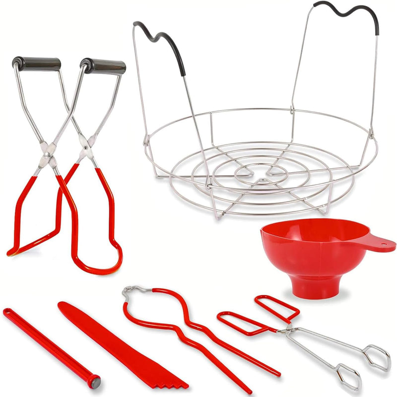 7 Pieces Canning Supplies Kit, Red | Stainless Steel Canning Tools Set, Includes Steamer Rack, Funnel, Jar Lifter, Wrench, Tongs, Lid Lifter, Bubble Remover