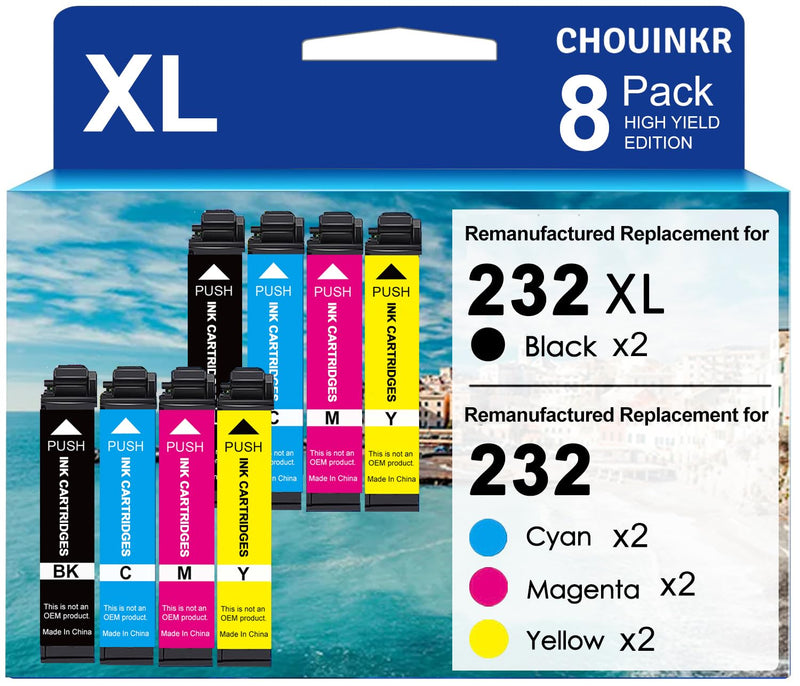 Remanufactured for Epson 232XL Ink Cartridges Combo Pack 232 with Expression Home XP-4200 XP-4205, Workforce WF-2930 WF-2950 (8-Pack 2 Black, 2 Cyan, 2 Magenta, 2 Yellow)