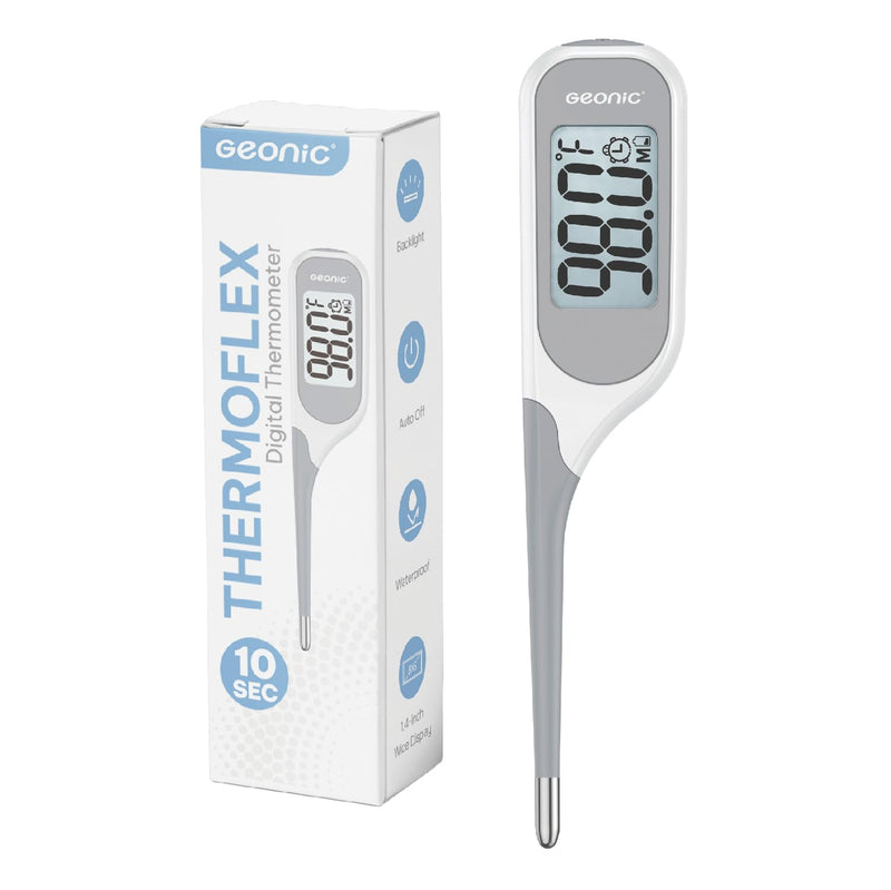 Backlit Digital Thermometer for Adults & Kids, Fast 10-Second Reading, Flexible Tip, Large 1.4 Inch Display, Waterproof, Fever Alarm, White