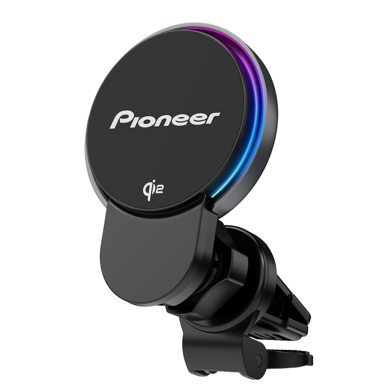 Pioneer Qi2 MagSafe Wireless Car Charger and Phone Mount | MagSafe Compatible, Air Vent Mount, Cooling Fan, RGB Illumination, Includes Metal Ring MagSafe Wireless Charger with Fan