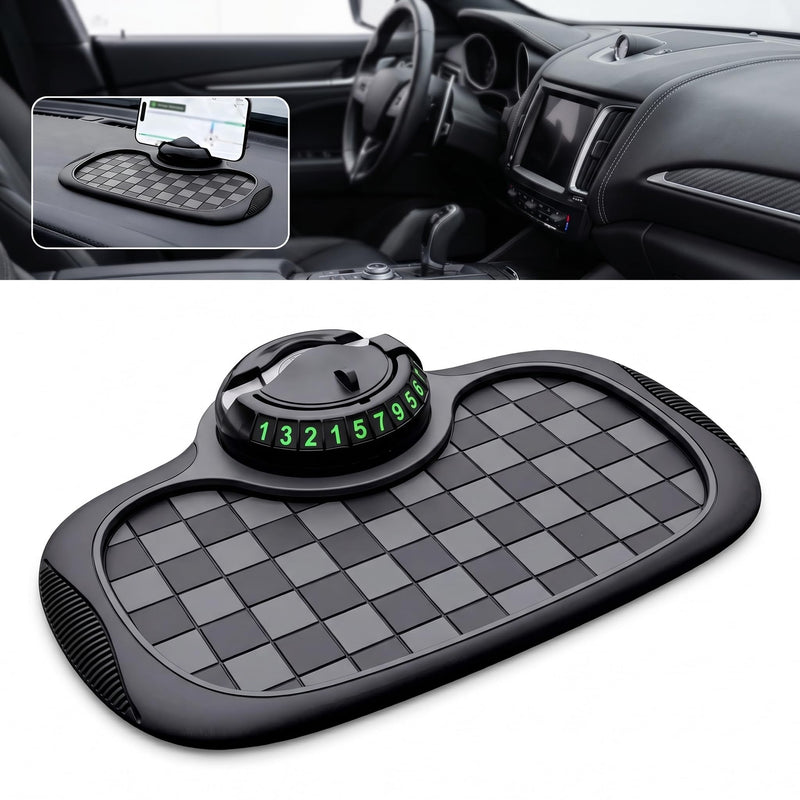 Multifunction Car Anti-Slip Mat, Large Sticky Pad & Rotatable Phone Holder & Hidden Parking Number, PVC 9.2" x 7.0" Mat for Key & Sunglass & Ornament, Dashboard Accessory for Cars (Black) 1 PC Black #02