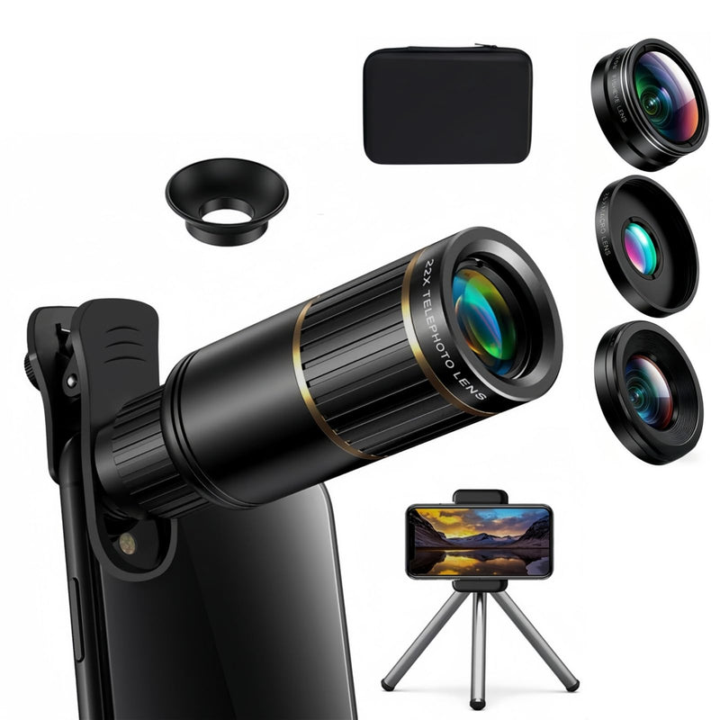 Lens Set for iPhone & Android –22X Telephoto Lens, 0.67X Wide Angle+25X Micro Lens(2-in-1), 205 ° fisheye Lens, Universal Clip, Eyepiece & Carrying Case for Wildlife, Sports & Travel