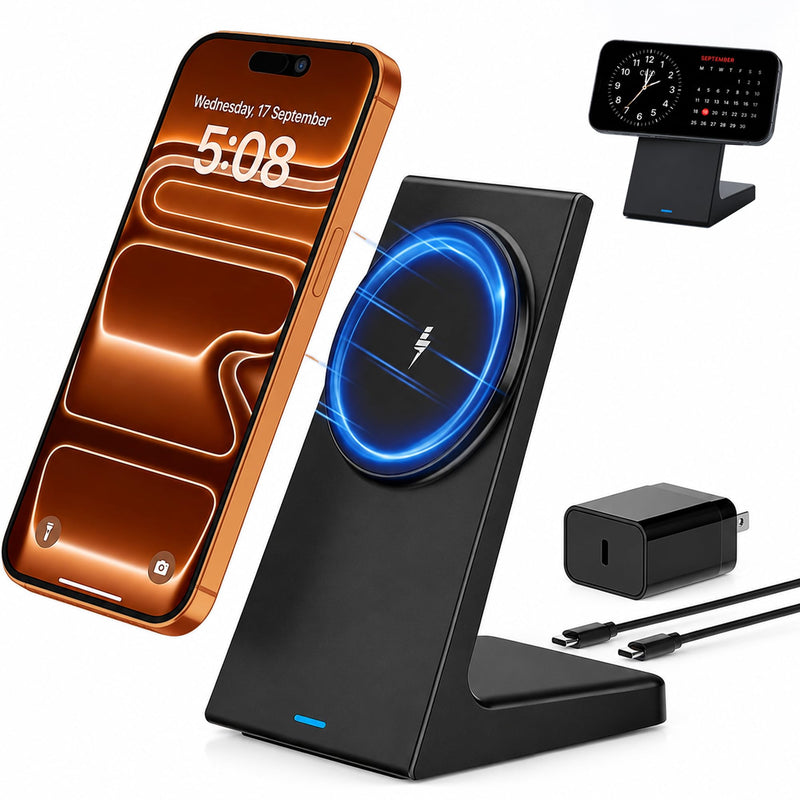 20W Wireless Charger for Apple Devices,Magnetic Charger for iPhone12-17 | 25W PD3.0 Adapter Wireless Charger Stand for Travel, Bedside,Desk, and Nightstand Black
