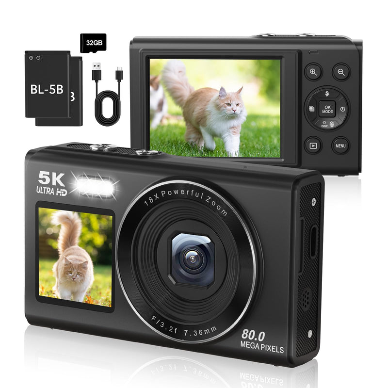 5K Digital Camera for Teens and Beginners, Dual Screen Compact Vlogging Camera with 18X Digital Zoom, Point and Shoot for Travel, 32GB Card and 2 Batteries Black