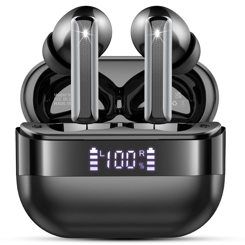 Wireless Earbuds, 2026 Bluetooth 5.4 Headphones Bass Stereo, Ear Buds with 4 Mics ENC Noise Cancelling, Bluetooth Earbuds 48H Playtime LED Display Charging Case, IP7 Waterproof in Ear Earphones, Black Light Black
