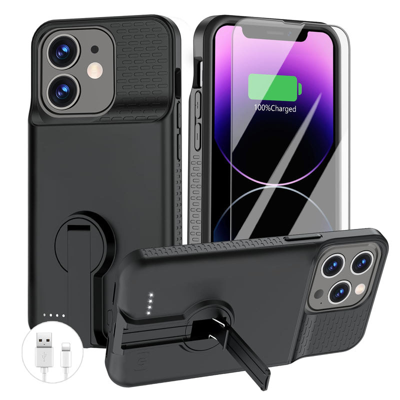 GIN FOXI Battery Case for iPhone 14 Pro Max/14 Plus/13 Pro Max/12 Pro Max, Rechargable Charging Case with Stand 8500mAh Portable Extended Case Cover for 14 Pro Max,14Plus,13/12Pro Max Black for 14px/13px/12px