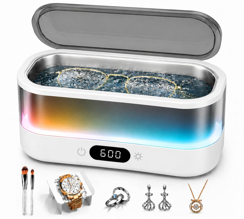 Ultrasonic Jewelry Cleaner Machine, 7-Color Flowing LED Light, 48kHz Sonic Cleaner for Jewelry, Glasses, Retainers, Dentures, 304 Stainless Steel Tank, Digital Timer, Dual Cleaning Modes - White