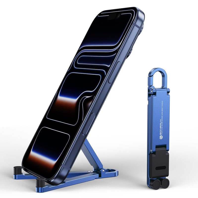 Portable Foldable Pocket Phone Stand with Keychain for Desk Travel(Blue) | Mini aluminum, adjustable kickstand, lightweight metal, slim compact for office, plane Blue
