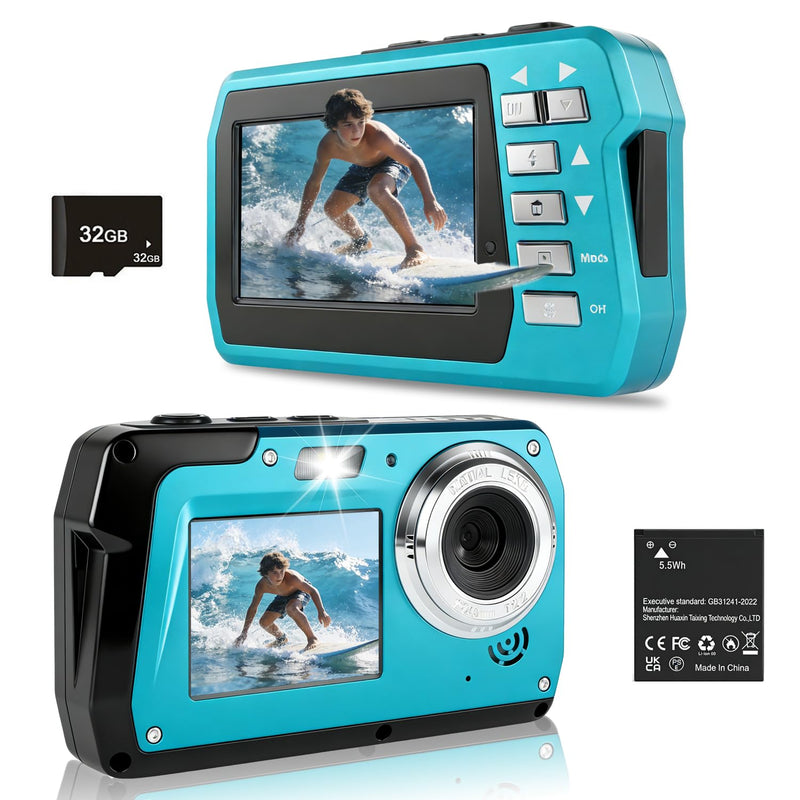 Underwater Camera 4K 48MP, Dual-Screen Waterproof Digital Camera, 10.83FT Dive for Swimming Travel, 16X Zoom Fill Light, 32GB Card, Blue