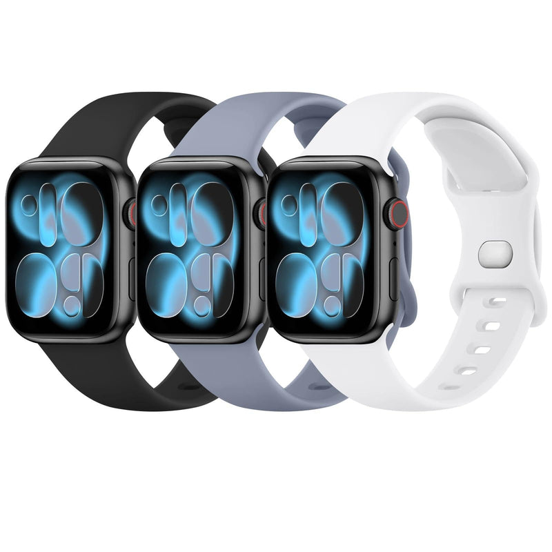 3 Pack Bands Compatible with Apple Watch Band 38mm 42mm 40mm 44mm 41mm 45mm 46mm 49mm Women Men, Soft Silicone Replacement Sport Straps for iWatch Series 11 10 9 8 7 6 5 4 3 2 1 Ultra SE 001, Black/Blue Gray/White 44/45/46/49/42mm(Series 3 2 1)