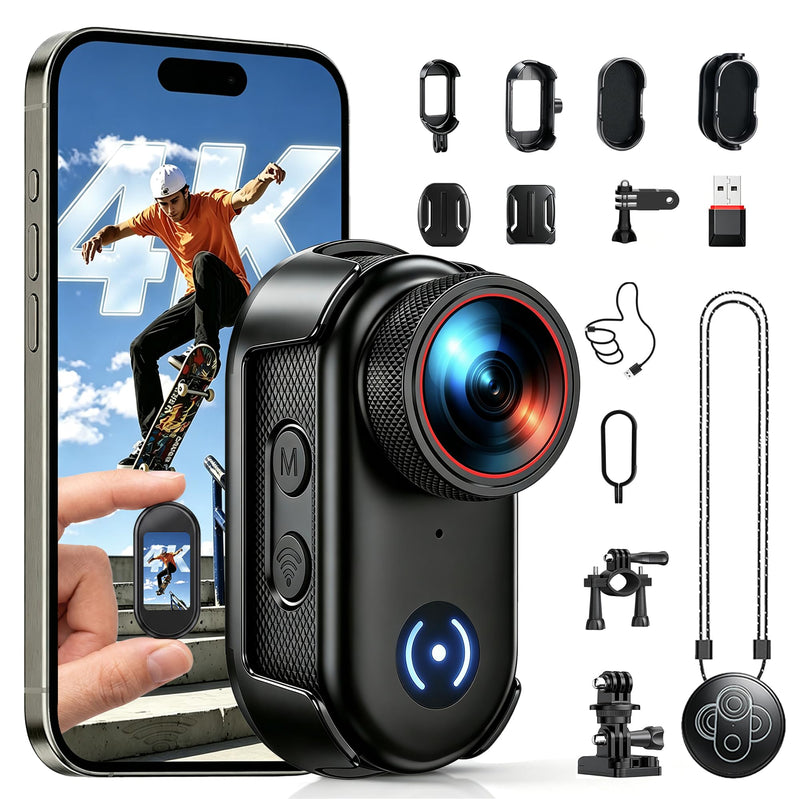 4K Mini Action Camera WiFi, Magnetic Wearable POV Body Camera with Audio | Thumb-Size 1.47" Screen, Hands-Free Recording, IP65 Waterproof, 150min Rec, 150° Lens for Cycling, Helmet & Outdoor Vlog