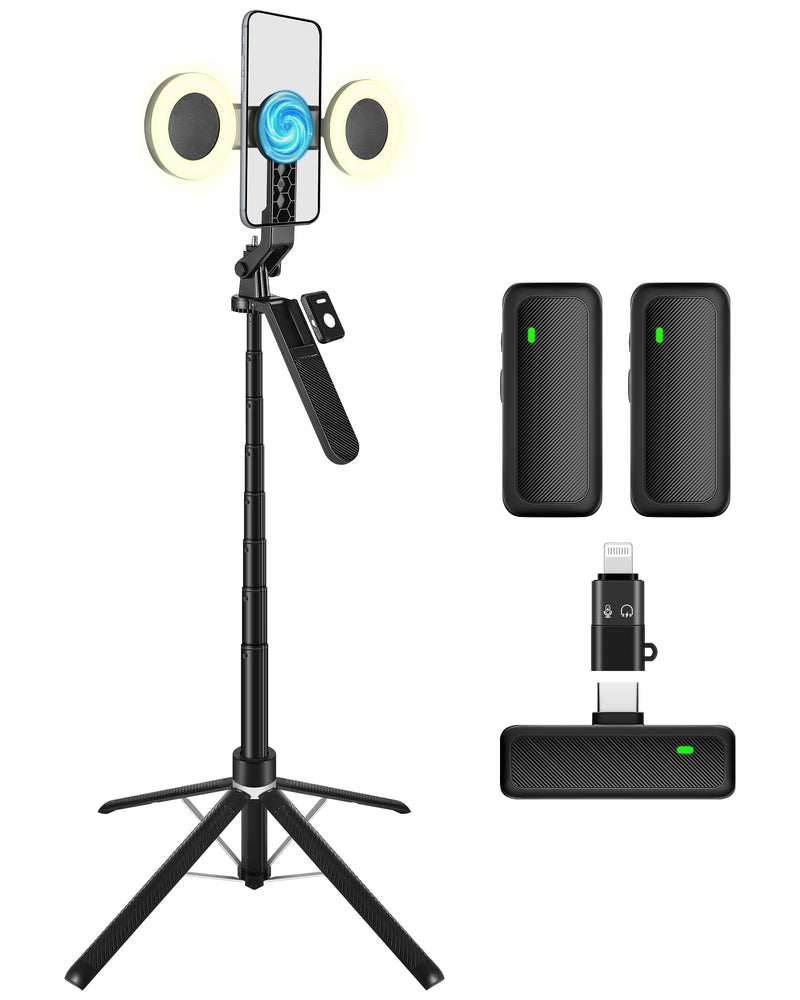 3-in-1 Vlogging Kit for iPhone, 71" Tripod with Lights and Mic | Magnetic & Clamp Phone Holder, Plug In & Record, No Setup, Noise Reduction Mic, Rechargeable Remote, Carrying Bag Included
