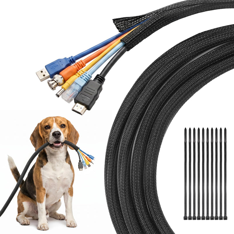 Delamu 10ft - 1/2 inch Cable Sleeve Cord Protector from Pets No Chew, Split-Braided PVC Wire Loom Tubing for Desk Computer USB TV Cord Organizer, Easy Set-up Cable Management Sleeve Kit, Black 1/2"-10ft
