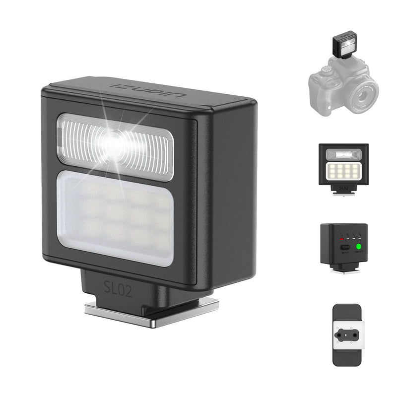 ULANZI SL02 Mini Flash Speedlite with Video Light, GN8 6500K Dual-Function Camera Flash for Photography and Video, 4 Power Levels Rechargeable Flash
