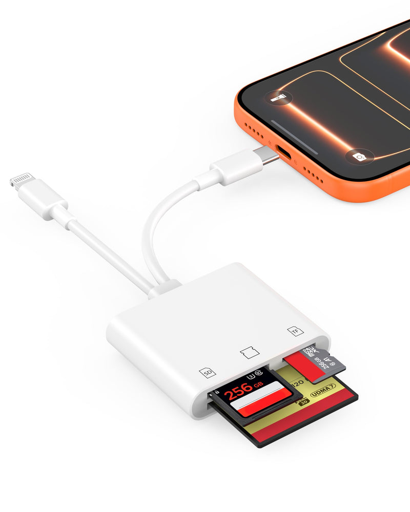 [Apple MFi Certified] 2-in-1 SD Card Reader for iPhone 17 16 15 14 13 12 11 | USB C & Lightning Memory Card Adapter with Compact Flash/CF/SD/MicroSD Slots Compatible with iPad MacBook Pro/Air/Mini Laptop TWhite
