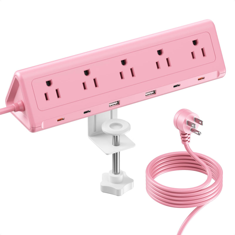 SMALLRT Pink Desk Clamp Power Strip with 6.5 FT Extension Cord, PD 40W USB-C Fast Charging Ports, 5 AC Outlets 4 USB-C 2 USB-A, Fits 2.1 inch Table Edges