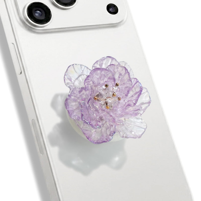 On The Grip 3D Lotus Flower Phone Grip - Collapsible Smartphone Stand & Kickstand, Pearl White & Lavender Crystal Topper (Clear Lavender) Clear Lavender
