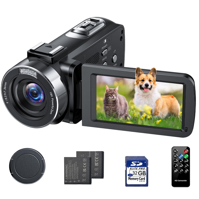 Camcorder Video Camera 4K, 42MP Digital Camera for Vlogging, 3" 270° Rotating Screen 18X Digital Zoom Video Recorder for YouTube Beginners with Remote Control, 2 Batteries, 32GB SD Card black